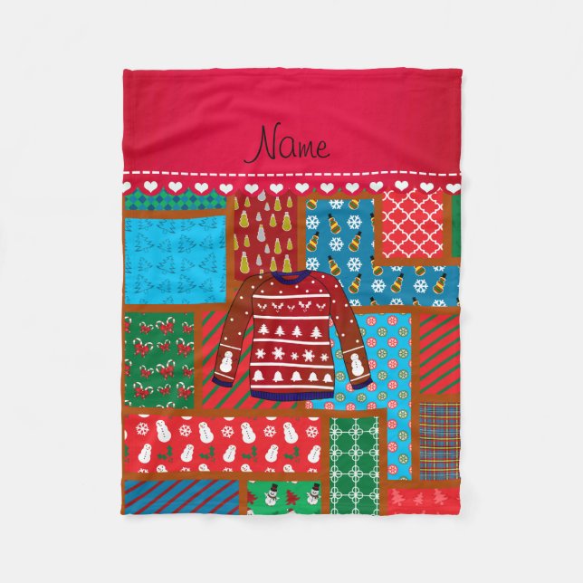 Cobertor De Velo Suéter de natal feio, homem de neve vermelho, nome (Frente)
