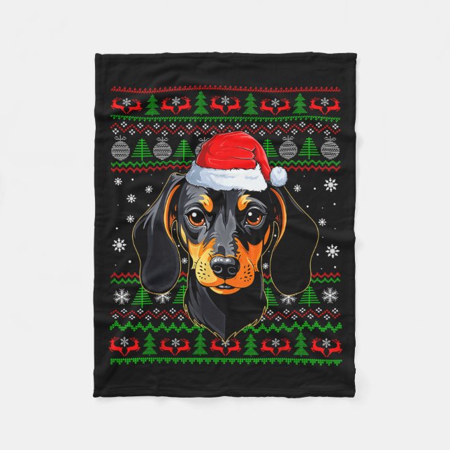 Cobertor De Velo Suéter Feio de Natal Cachorro Dachshund Papai Noel (Frente)