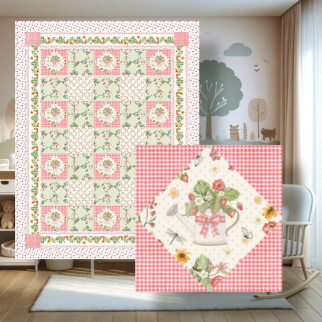 Cobertor De Velo Summer Strawberries Gingham Floral Baby Girl (Criador carregado)