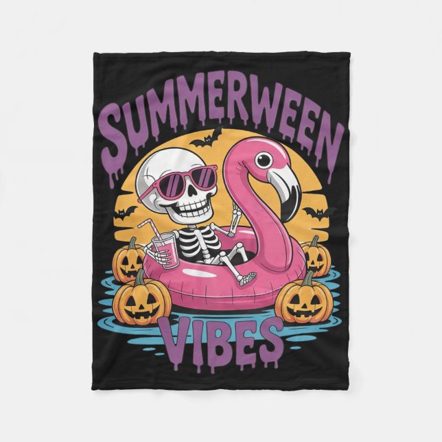 Cobertor De Velo Summerween Vibes Skeleton Flamingo Spooky Hallowee (Frente)