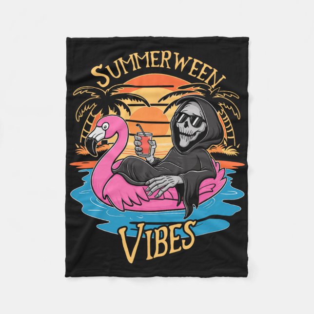 Cobertor De Velo Summerween Vibes Skeleton Flamingo Spooky Hallowee (Frente)