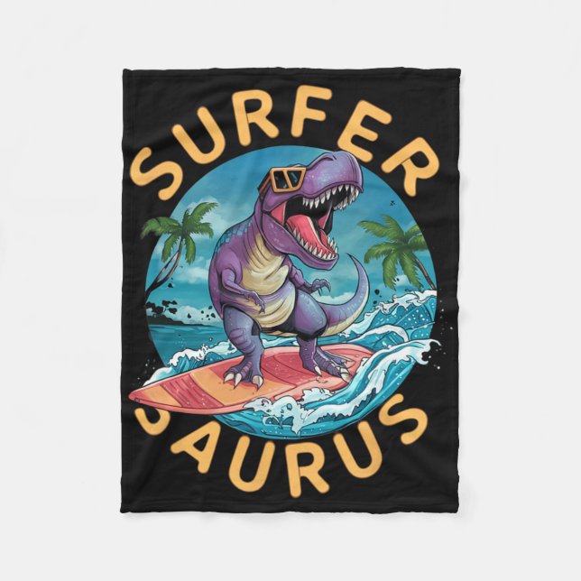 Cobertor De Velo Surfista Saurus T-rex Dinossauros Surfando Dino Ca (Frente)
