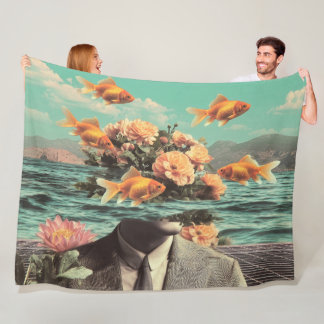 Cobertor De Velo Surreal Portrait With Goldfish Flowers And Ocean