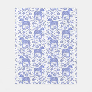 Cobertor De Velo Swedish Dala Horse Blue and White Fleece Blanket