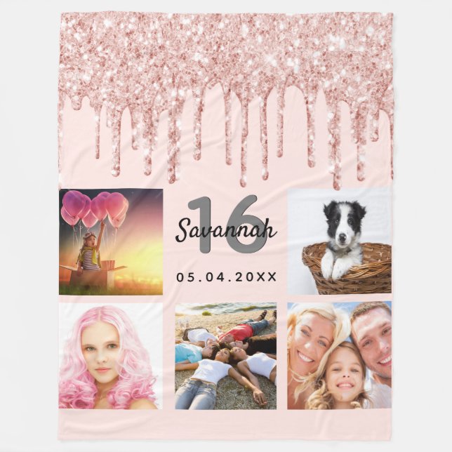 Cobertor De Velo Sweet 16;blush rosa gold glitter nome de foto (Frente)