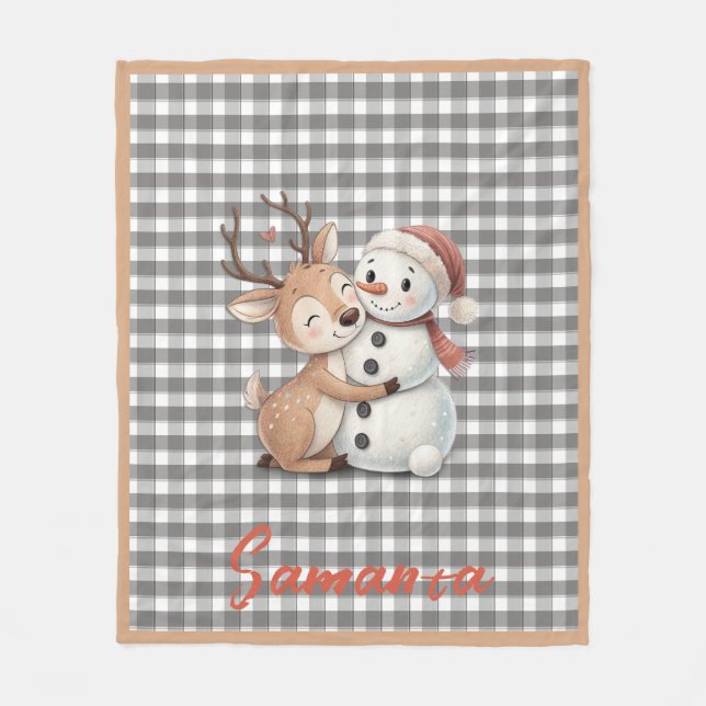 Cobertor De Velo Tartan plaid reindeer snowman grey white name (Frente)