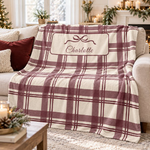 Cobertor De Velo Tartanô Plaid de Natal com Laço Creme Borgonha