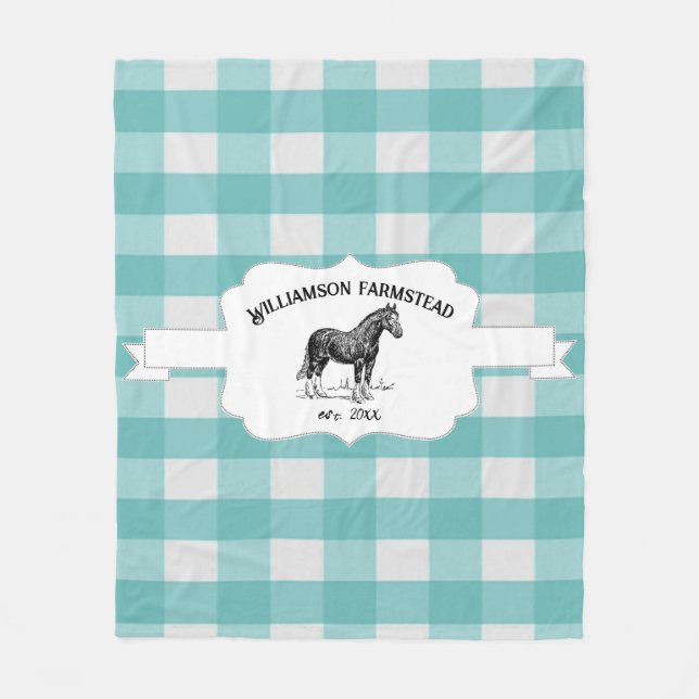 Cobertor De Velo Teal Buffalo Xadrez Fazenda Cavalo Fleece Blanket (Frente)