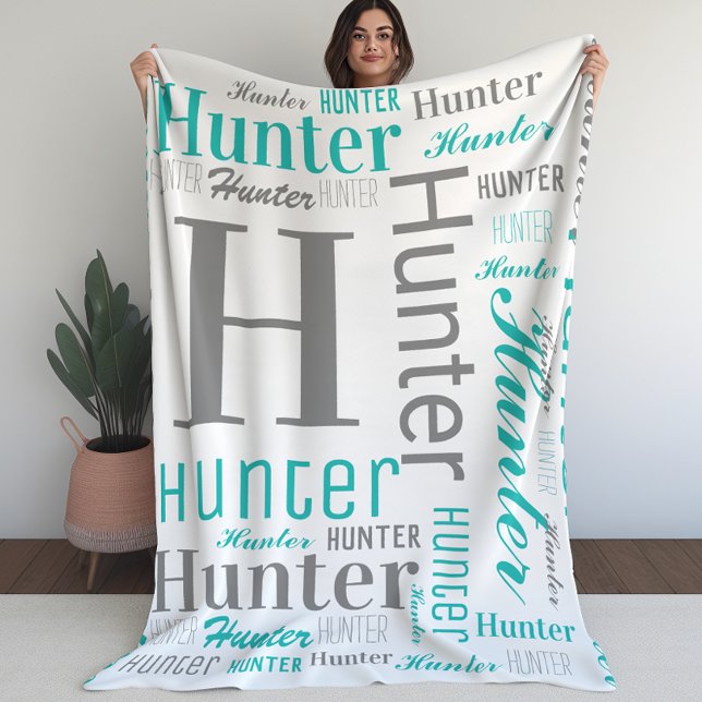 Cobertor De Velo Teal e Cinza e Monograma Cloud Art (Teal and Gray Name and Monogram Cloud Word Art Fleece Blanket)