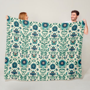Cobertor De Velo Teal Green Folk Art Pattern