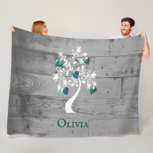 Cobertor De Velo Teal Tree of Hearts Personalised Fleece Blanket