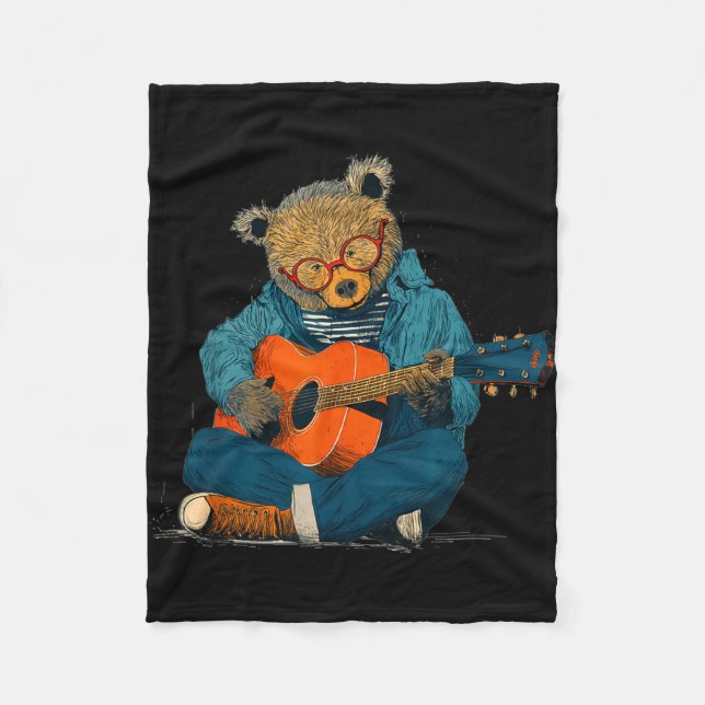 Cobertor De Velo Teddies com óculos e guitarra acústica (Frente)