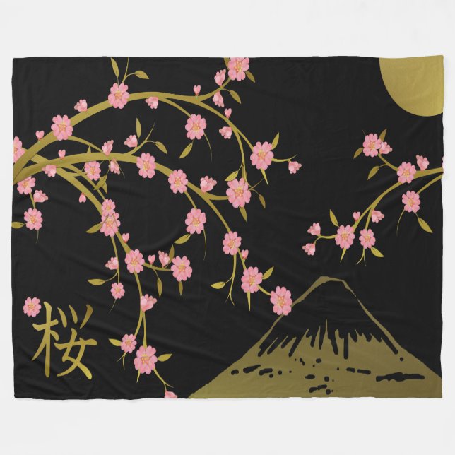 Cobertor De Velo Tela Dourada Black Japonesa Rosa Sakura (Frente (Horizontal))