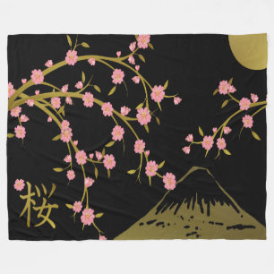 Cobertor De Velo Tela Japonesa Rosa Sakura Dourado Preto