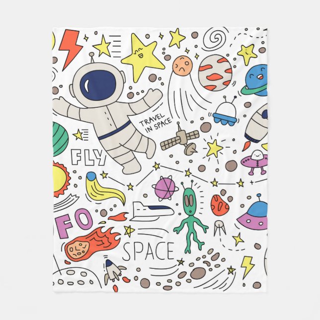 Cobertor De Velo Tema espacial na ilustração do estilo de rabisco (Frente)