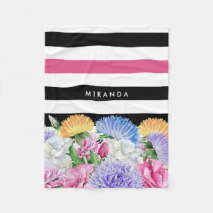 Cobertor De Velo Tendência Rosa e Black Stripes Floral com Nome