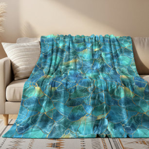 Cobertor De Velo Textura de Mármore Azul Turquesa com Veias Dourada