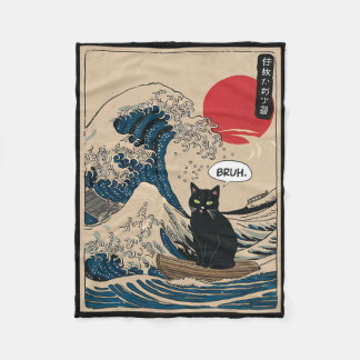 Cobertor De Velo The Great Wave Kanagawa Funny Japanese Surfing Cat
