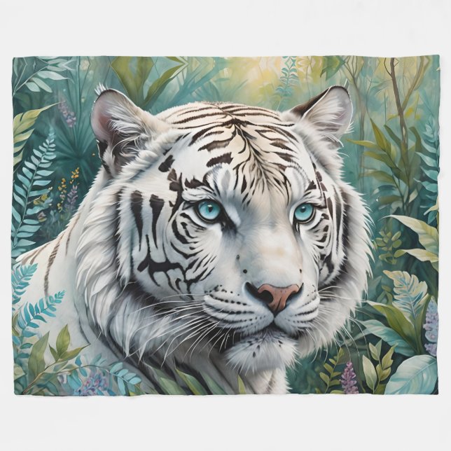 Cobertor De Velo Tigre branco numa selva verde azul (Frente (Horizontal))