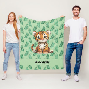 Cobertor De Velo Tigre de desenho animado em folhas tropicais