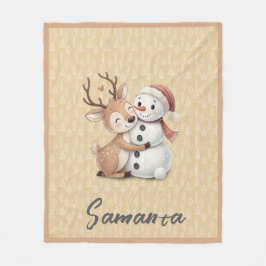 Cobertor De Velo Tree pattern reindeer snowman orange beige name