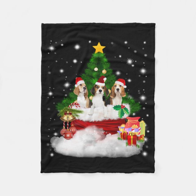 Cobertor De Velo Três Beagles Papai Noel com Árvore de Natal (Frente)