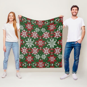 Cobertor De Velo Tricô Nórdico Verde Vermelho e Branco Festivo