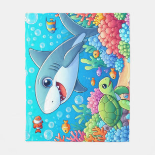 Cobertor De Velo Tubarão e tartaruga submarinos coloridos tropicais