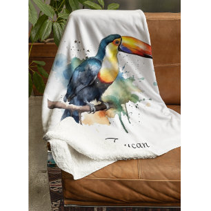 Cobertor De Velo Tucano no Galho Arte em Aquarela, personalizado
