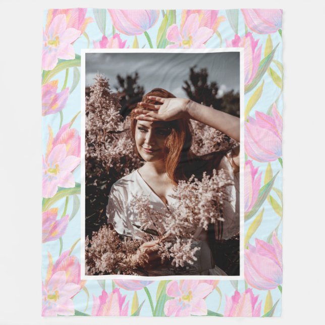 Cobertor De Velo Tulipa Rosa De Aquarela Delicada Por Foto Personal (Frente)