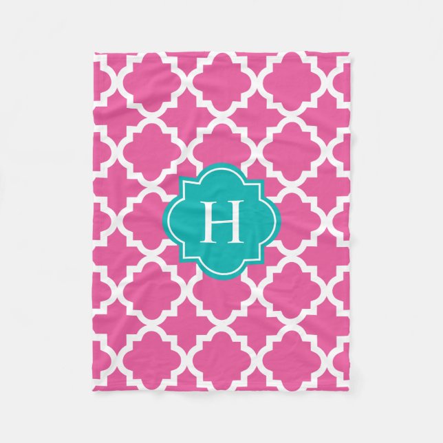 Cobertor De Velo Turquesa e Monograma Rosa | Fleece-Blanket (Frente)