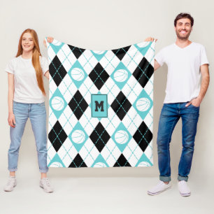 Cobertor De Velo turquesa preto-branco basquete temático argyle