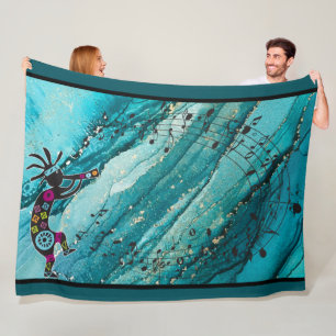 Cobertor De Velo Turquoise Music Notes Kokopelli Fleece Blanket
