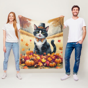 Cobertor De Velo Tuxedo Cat No Outono Deixa A Arte De Ação De Graça
