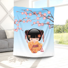 Cobertor De Velo Ume Kokeshi Doll - Japonesa Geisha Girl Blue