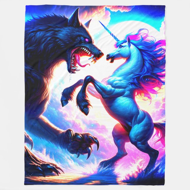 Cobertor De Velo Unicorn Lutando um Lobo (Frente)