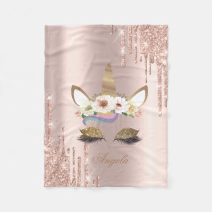 Cobertor De Velo Unicórnio Adorável Floral com Brilho Dourado Rosa