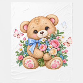 Cobertor De Velo Ursa de Aguarela Fofa com Flores Clipart |
