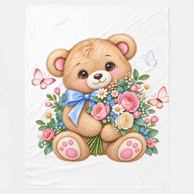Cobertor De Velo Ursa de Aguarela Fofa com Flores Clipart |  (Frente)