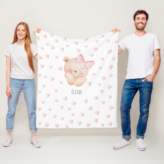 Cobertor De Velo Ursa Fofa Personalizada com Corações Rosa