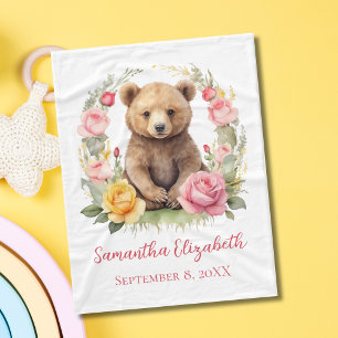 Cobertor De Velo Ursinho de Bebê Personalizado Rosa Amarelo Rosas B