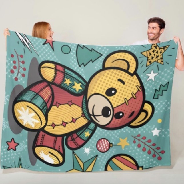 Cobertor De Velo Urso de Natal em Patchwork Caprichoso (Fleece  blanket - soft and colourful available  in 3 different sizes.)