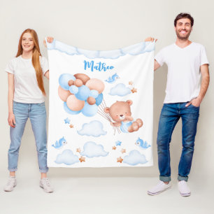 Cobertor De Velo Urso de peluche azul nas nuvens nome personalizado