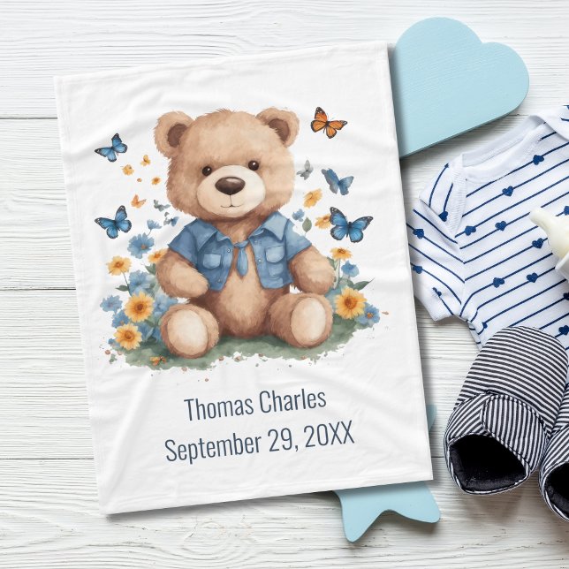 Cobertor De Velo Urso de pelúcia com nome personalizado Borboletas  (Personalized Teddy Bear Butterflies Baby Blanket. Available in three sizes)