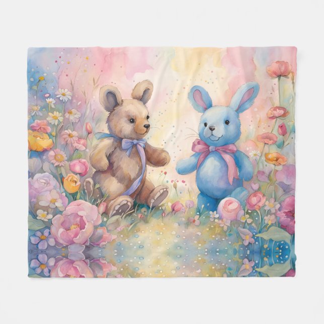 Cobertor De Velo Urso de pelúcia e coelho num jardim de pastel (Frente (Horizontal))
