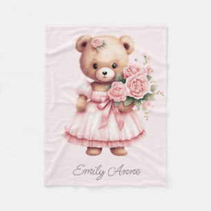 Cobertor De Velo Urso de Pelúcia Rosa Flores Nome da Criança