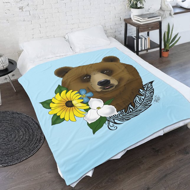 Cobertor De Velo Urso Marrom Flores Azuis Pena Vida Selvagem (Criador carregado)