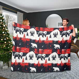 Cobertor De Velo Urso Polar das Xadrezes de Buffalo Vermelho