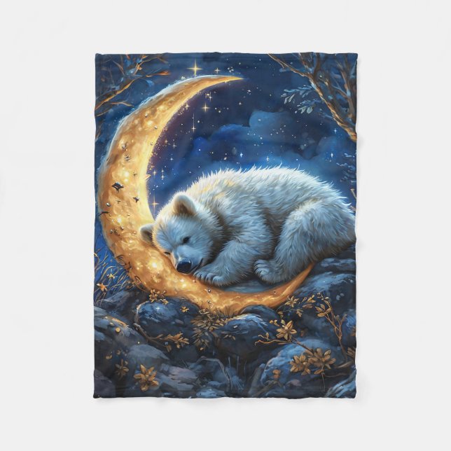 Cobertor De Velo Urso Polar Sonhando em uma Lua Crescente Radiante (Frente)
