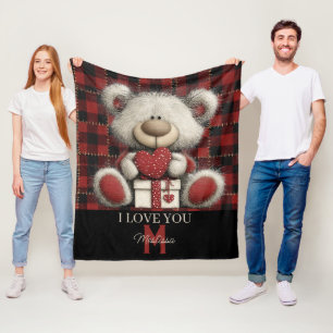 Cobertor De Velo Urso Xadrez Vermelho Eu Te Amo Nome Personalizado